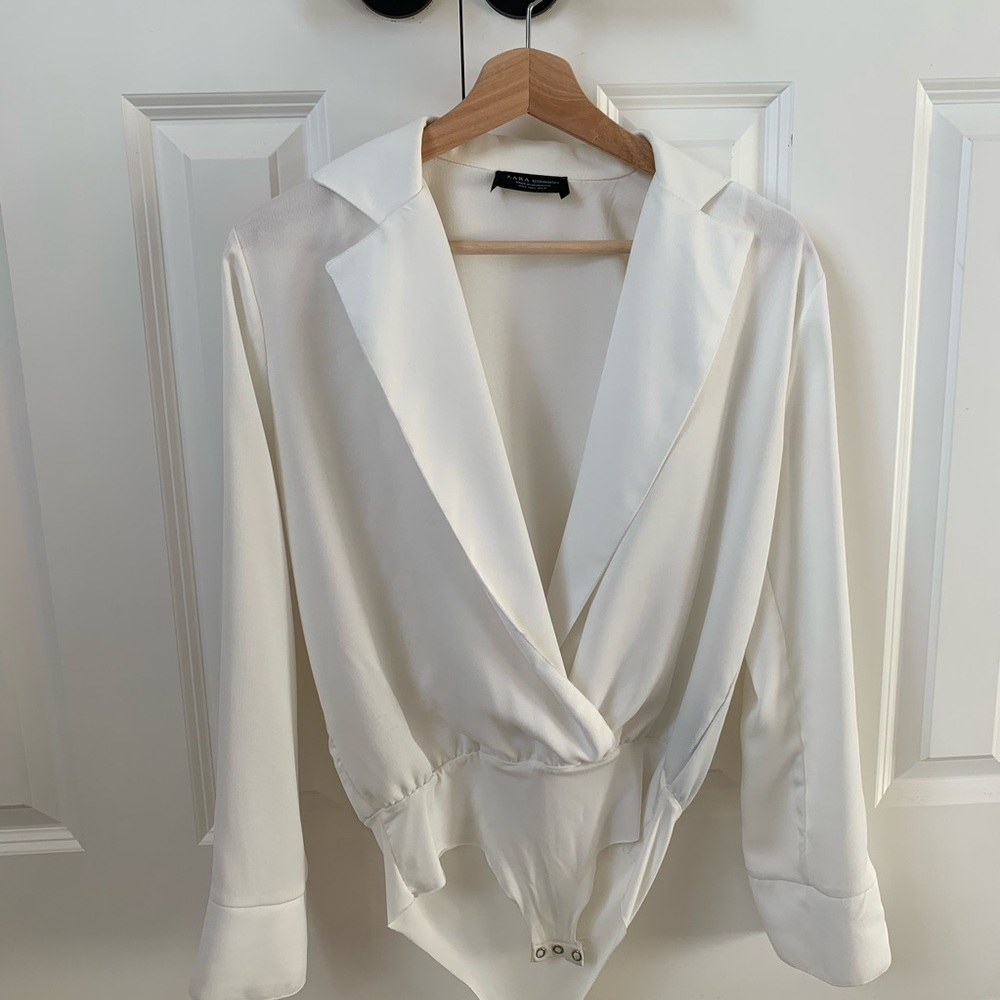 ZARA white blouse bodysuit with lapels